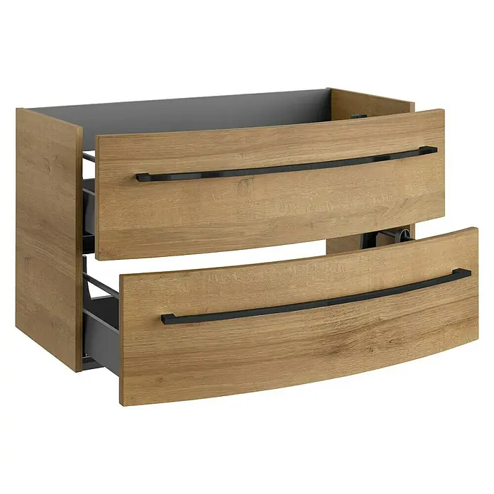 Camargue Swing K Waschtischunterschrank - 89 x 46 x 52 cm, Berg Eiche - Bild eines Badezimmerunterschranks mit zwei Schubladen in Holzoptik und schwarzen Griffen. Der Unterschrank bietet praktischen Stauraum im Badezimmer.