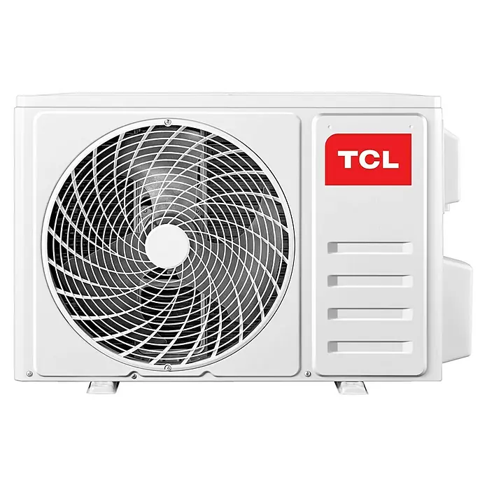 TCL Inverter-Klimasplitgerät mit Quick Connector TAC-12CHSD/TPG11 QC - Kühlleistung: 1.500 W - 3.770 W, Heizleistung: 3.810 W, Raumgröße: 35 m², Passend für: Räume bis ca. 35 m² - Eine Nahaufnahme einer TCL-Klimaanlage mit einem runden Lüftergitter und dem TCL-Logo in roter Schrift auf der rechten Seite des Geräts.