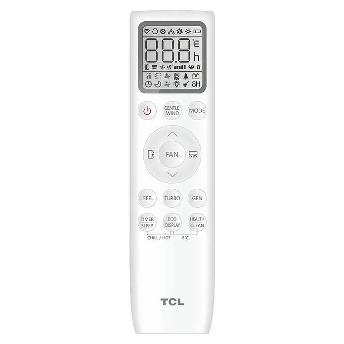TCL Inverter-Klimasplitgerät mit Quick Connector TAC-12CHSD/TPG11 QC - Kühlleistung: 1.500 W - 3.770 W, Heizleistung: 3.810 W, Raumgröße: 35 m², Passend für: Räume bis ca. 35 m² - Das Bild zeigt eine TCL-Fernbedienung für eine Klimaanlage. Die Fernbedienung ist weiß und hat ein Display und verschiedene Tasten.