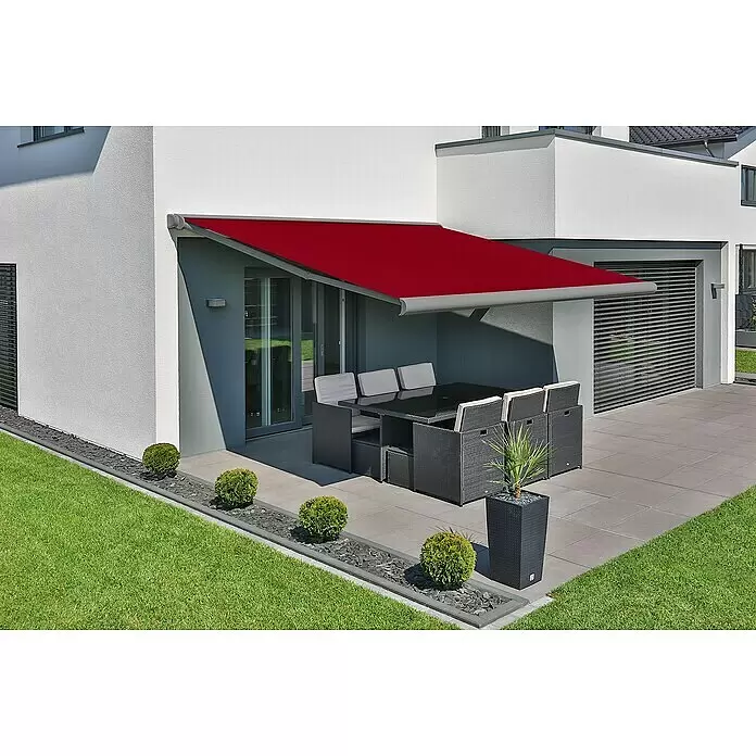Deyo Limassol Vollkassettenmarkise - Rot, Farbe Gestell: Weißaluminium Feinstruktur, Breite: 5 m, Ausfall: 3,5 m - Stimmungsaufnahme