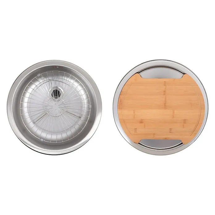 Set de fregadero empotrado CR/CT con cesta y tabla de acero inoxidable - Diámetro: 450 mm, Acero inoxidable - Dos fogatas redondas de acero inoxidable con parrilla y tabla de cortar. El complemento perfecto para cualquier espacio al aire libre.