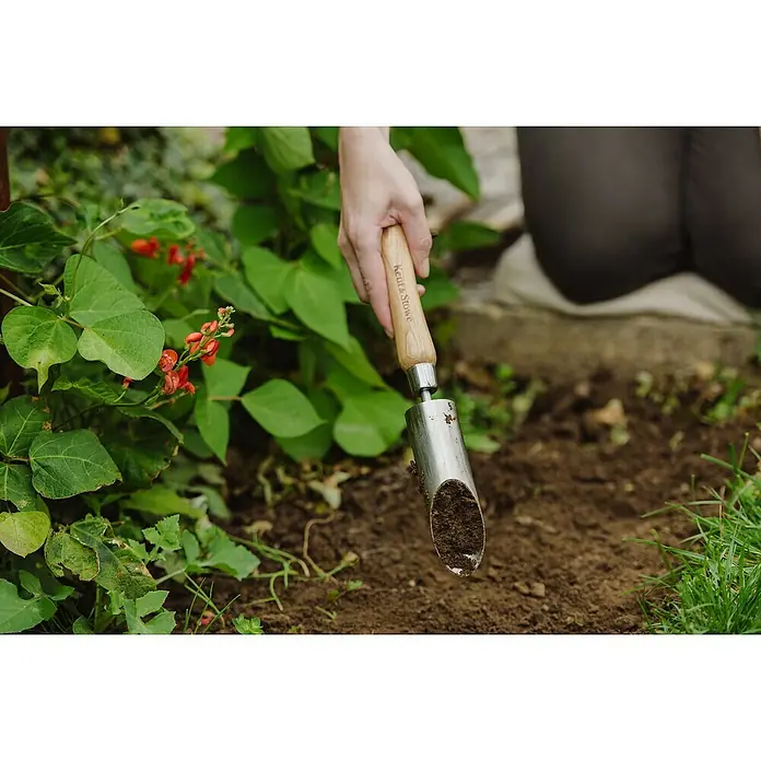 Kent & Stowe Hand-Blumenzwiebelpflanzer - Durchmesser: 4 cm - Nahaufnahme eines Kent & Stowe Blumenzwiebelpflanzers mit Holzgriff, gefüllt mit Erde, vor dem Hintergrund von Pflanzengrün.
