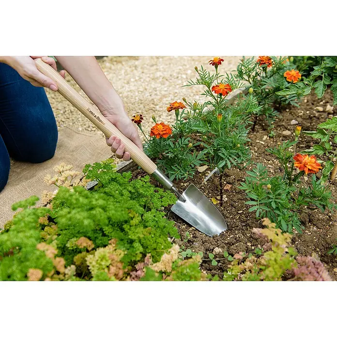 Kent & Stowe Blumenkelle - 8 cm - Eine Person benutzt eine Kent & Stowe Pflanzkelle in einem Gartenbeet mit Ringelblumen und anderen Pflanzen.
