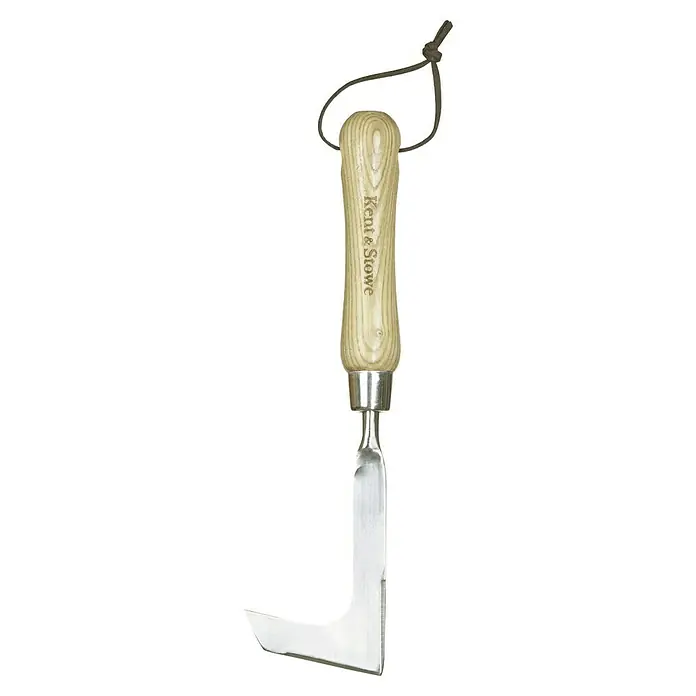 Kent & Stowe Fugenkratzer - Edelstahl - Nahaufnahme eines Fugenkratzers von Kent & Stowe mit Holzgriff und Aufhängeschlaufe, ideal für die Gartenarbeit.