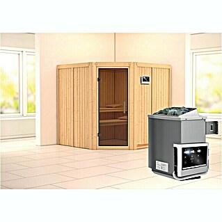 Karibu Elementsauna Jarin (Mit 9 kW Ofen mit externer Steuerung, Ohne Dachkranz, Materialspezifizierung Tür: Ganzglas Graphit, L x B x H: 196 x 196 x 192 cm)