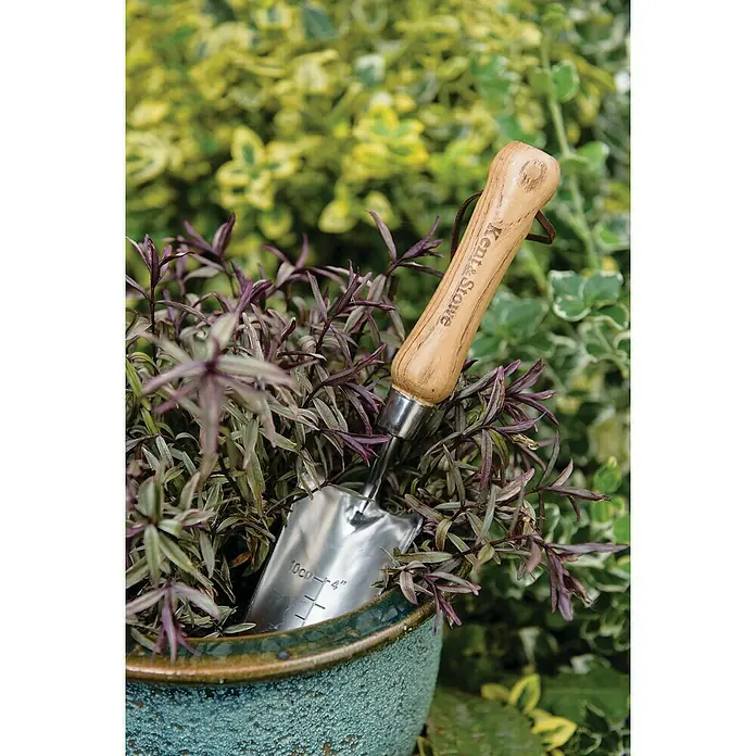 Kent & Stowe Pflanzkelle - 6,5 cm - Nahaufnahme eines Kent & Stowe Gartenwerkzeugs in einem Topf mit lila Blättern, ideal für kleine Gartenarbeiten.