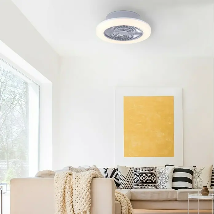 Ventilador de techo Leonard - Gris, 50 cm, 27 W, Blanco cálido - Un ventilador de techo con iluminación LED integrada se muestra en un salón moderno. La luz es brillante y crea un ambiente agradable.