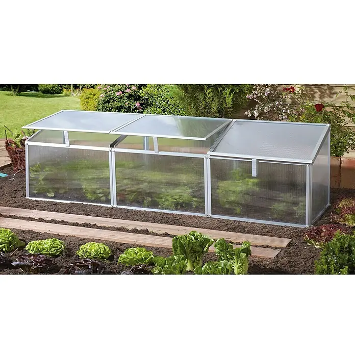 Vitavia Frühbeet Gaia 3X - 53 x 180 x 38 cm, Transparent, Polycarbonat - Gewächshaus mit drei aufklappbaren Fenstern. Das Gewächshaus schützt die Pflanzen vor äußeren Einflüssen und verlängert die Gartensaison.