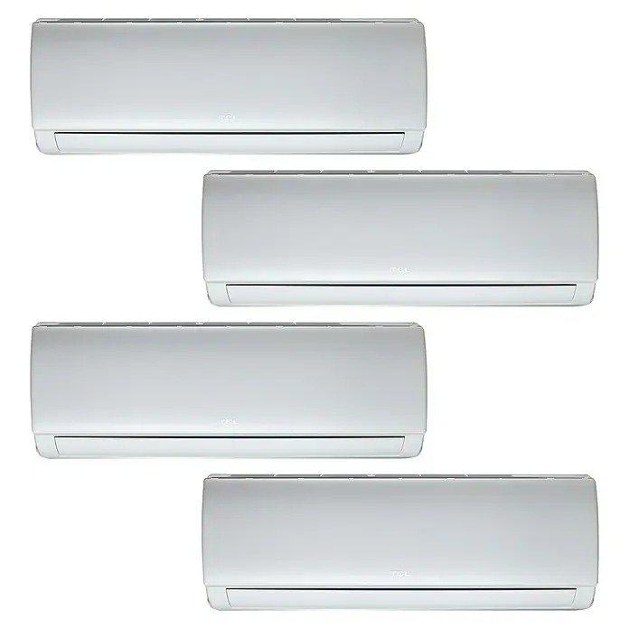 TCL Inverter-Klimasplitgerät Multi Split Quattro - Kühlleistung: 2.600 W - 3.500 W, Heizleistung: 2.600 W, Raumgröße: 26 m², Passend für: 4 Räume bis jeweils 26 m² - Vier weiße TCL-Klimaanlagen sind ordentlich aufgereiht und schaffen so ein sauberes, modernes Erscheinungsbild, das die Marke hervorhebt.