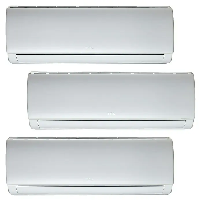 TCL Inverter-Klimasplitgerät Multi Split Trio - Kühlleistung: 2.740 W - 3.300 W, Heizleistung: 3.360 W, Raumgröße: 26 m², Passend für: 3 Räume bis jeweils 26 m² - Drei weiße TCL-Klimaanlagen sind auf einem schwarzen Hintergrund abgebildet und bieten eine moderne und effiziente Kühlung.