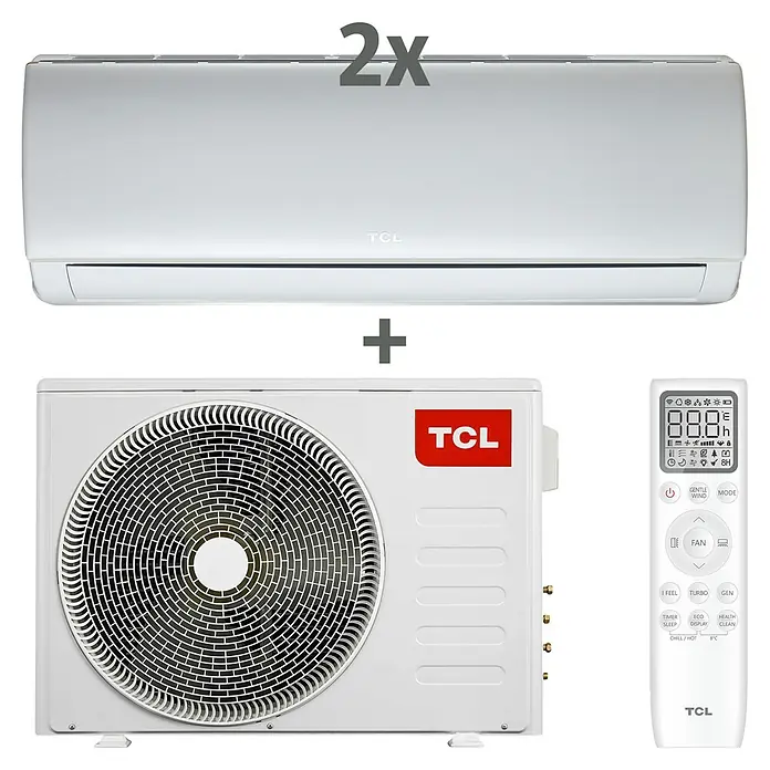 TCL Inverter-Klimasplitgerät Multi Split Duo - Kühlleistung: 1.650 W - 3.300 W, Heizleistung: 3.360 W, Raumgröße: 26 m², Passend für: 2 Räume bis jeweils 26 m² - Produktbild einer TCL Klimaanlage mit Außengerät und Fernbedienung für ein angenehmes Raumklima.