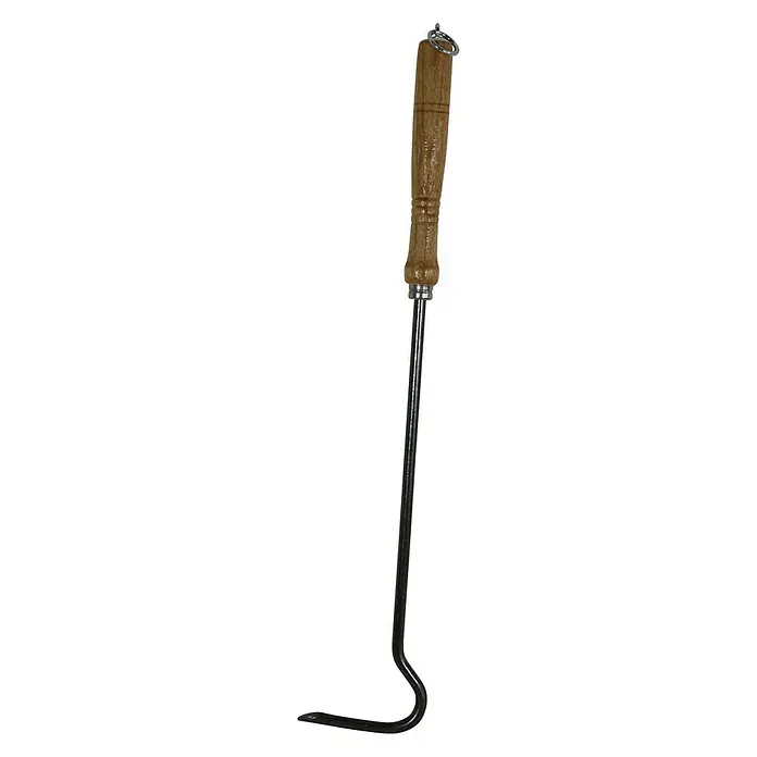 Feuerhaken - Länge: 45 cm, Stahl - Nahaufnahme eines Stoßhacke, ein Gartenwerkzeug mit Holzgriff und gebogenem Metallende zum Lösen von Erde.