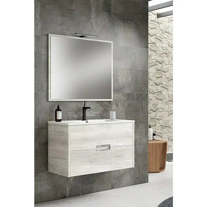 Mueble bajo de lavabo Montana Slim - L x An x Al: 39 x 80 x 50 cm, Blanco polar/Cromo - Mueble de baño moderno con espejo y diseño elegante. El aspecto de madera clara crea un ambiente acogedor en el baño.