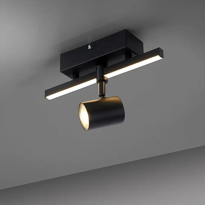 Paul Neuhaus LED-Wand- & Deckenstrahler Barik - 7,5 W, L x B x H: 25,55 x 14 x 16 cm, Schwarz, Warmweiß - Nahaufnahme einer schwarzen LED-Deckenleuchte mit verstellbarem Spot und linearen Leuchtenelementen.