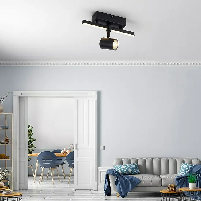 Paul Neuhaus LED-Wand- & Deckenstrahler Barik - 7,5 W, L x B x H: 25,55 x 14 x 16 cm, Schwarz, Warmweiß - Modernes Wohnzimmer mit einer stilvollen schwarzen LED-Deckenleuchte, die den Raum hell und elegant beleuchtet.