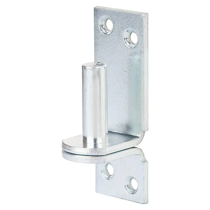 Stabilit AufschraubklobenDurchmesser Dorn: 13 mm, Abstand Dorn bis Platte: 25 mm, 99 x 39 mm - Nahaufnahme eines silbernen Türbandes mit Stift, das für robuste Türbefestigungen konzipiert ist und eine lange Lebensdauer verspricht.