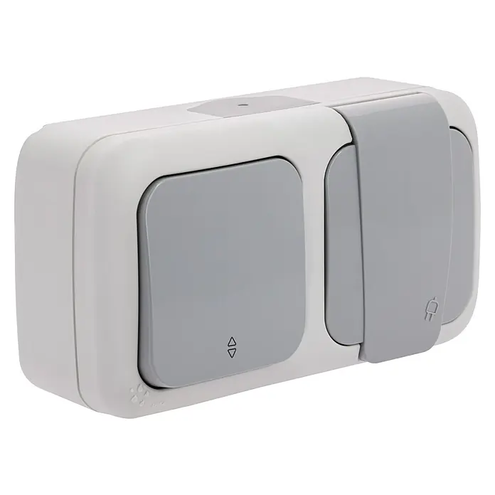 Ibelec Viko Conmutador para estancias con humedad - x 2, Vertical, Gris, Colocar, IP54 - Primer plano de un interruptor de luz blanco de superficie con dos interruptores grises. Ideal para habitaciones húmedas y exteriores.