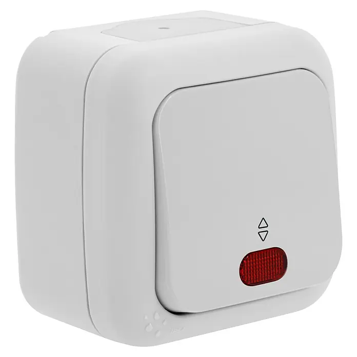 Ibelec Viko Conmutador con luz para estancias con humedad - Blanco, Colocar, IP54 - Primer plano de un interruptor blanco con flechas y luz indicadora roja.