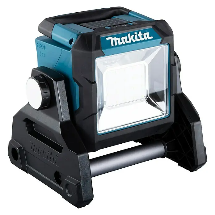 Makita LXT 18V LED-Akkustrahler ML003G - 18 V, Ohne Akku - Nahaufnahme einer Makita Akku-Arbeitsleuchte mit hellem LED-Panel, blau-schwarzem Gehäuse und Drehknopf zur Einstellung.