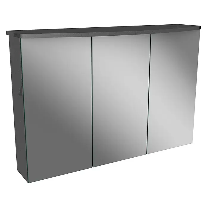 Camargue Swing K LED-Spiegelschrank - B x H: 90 x 70,2 cm, Mit Beleuchtung, Grafit - Dreitüriger Spiegelschrank mit grauer Oberseite und klaren Spiegeln für Badezimmerutensilien und Spiegelbild.