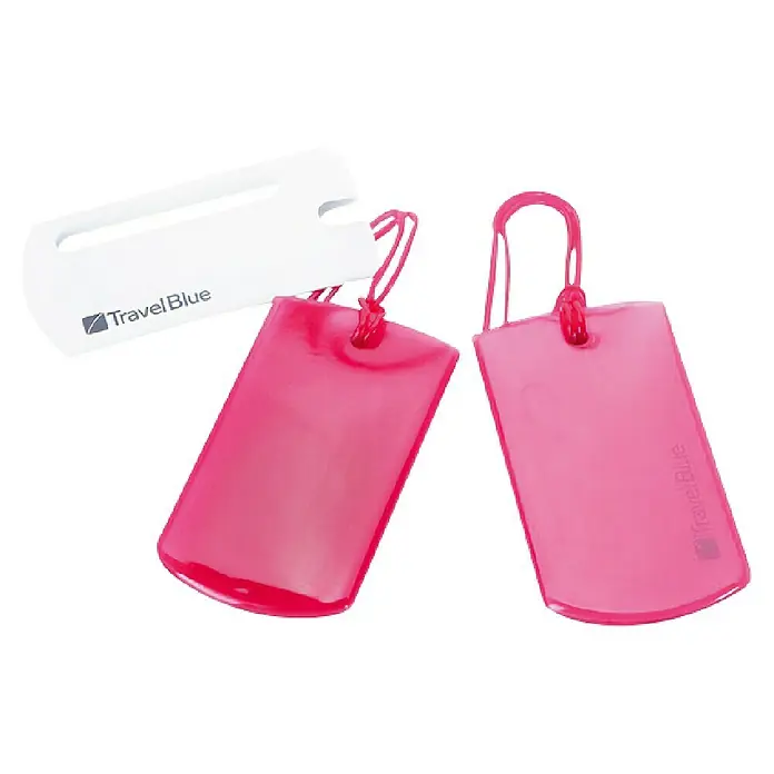 Nite Ize Placa identificativa para maleta - L x An: 55 x 10 cm, 2 ud. - Primer plano de dos etiquetas de equipaje Travel Blue rosas y una etiqueta blanca.