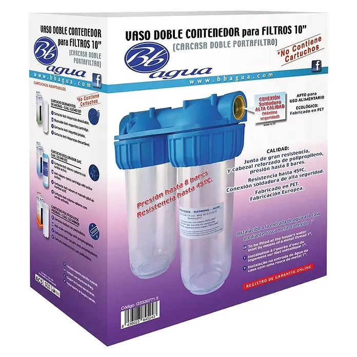 Bb agua Filtro de agua doble - Apto para: Distribución del agua - Imagen de la carcasa de filtro doble BB agua para filtros de 10". Filtración de agua de alta calidad para uso doméstico.