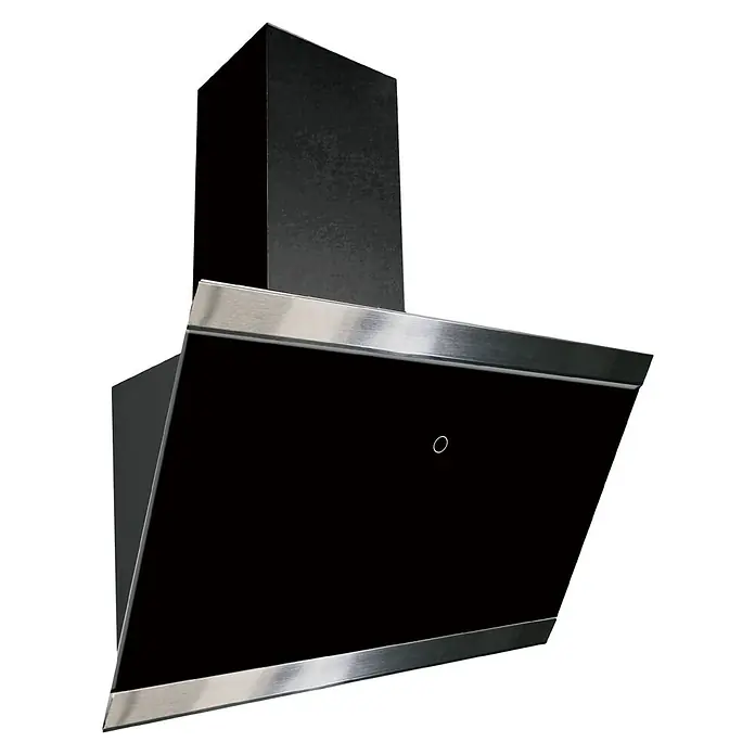 Respekta Schräghaube Skala - Breite: 59,5 cm, Max. Gebläseleistung Abluftbetrieb: 490,6 m³/h, Schwarz/Silber - Nahaufnahme einer modernen Dunstabzugshaube mit schlankem, schwarzem Design und silbernen Akzenten, die ihre Funktionalität und ihr stilvolles Aussehen hervorhebt.