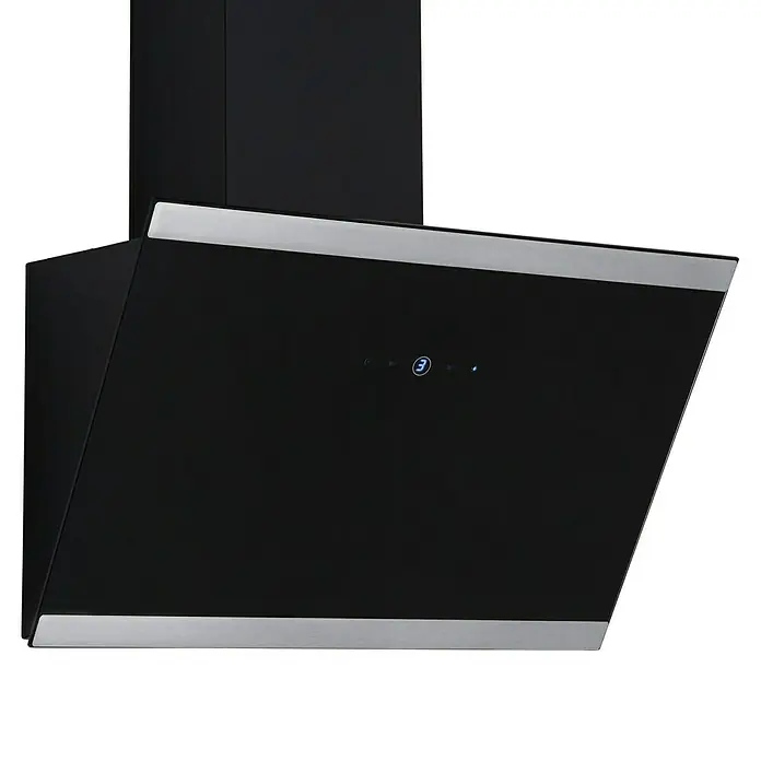 Respekta Schräghaube Skala - Breite: 59,5 cm, Max. Gebläseleistung Abluftbetrieb: 490,6 m³/h, Schwarz/Silber - Schwarze Dunstabzugshaube mit silberfarbenen Akzenten und Touch-Bedienfeld für eine moderne Kücheneinrichtung.