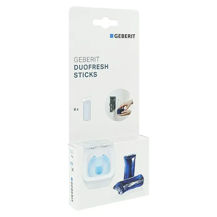 Geberit WC-Reiniger Duofresh Sticks 244.600.00.1 - 8 Stk., Geberit Unterputz-Spülkasten - Verpackung der Geberit DuoFresh Sticks. Die Sticks sorgen für eine frische Spülung und angenehmen Duft in Ihrem Badezimmer.