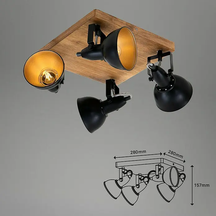 Briloner Barnim Regleta - 100 W, L x An x Al: 28 x 28 x 15,7 cm, Negro/Marrón, Negro/Dorado, E14, 4 ud. - Plafón con cuatro focos y base de madera, ideal para salones. La iluminación es cálida y acogedora.