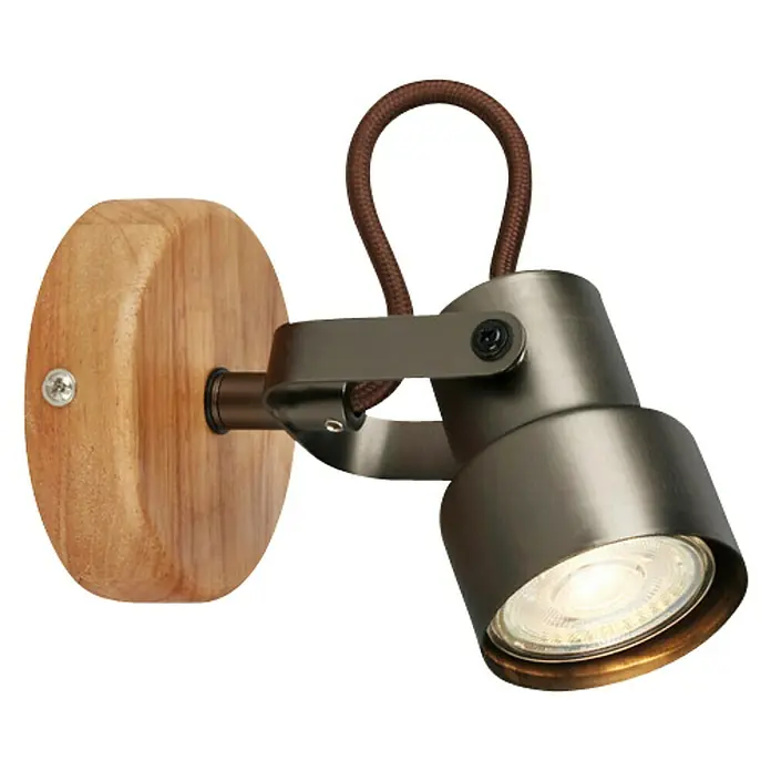 Briloner Tahun Aplique de pared - 5 W, L x An x Al: 10 x 9 x 12,7 cm, Gris/Marrón, GU10 - Lámpara de pared moderna con base de madera y foco metálico ajustable. Ideal para iluminación de acento elegante en cualquier habitación.