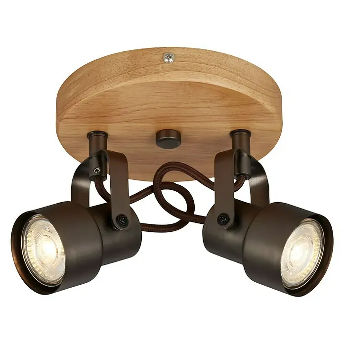 Briloner Tahun Regleta - 10 W, L x An x Al: 15,9 x 15,9 x 12,7 cm, Gris/Marrón, GU10, 2 ud. - Elegante lámpara de techo con dos focos, base de madera y pantallas marrones que proporcionan una luz cálida.\n