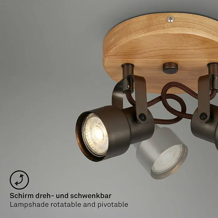 Briloner Tahun Regleta - 10 W, L x An x Al: 15,9 x 15,9 x 12,7 cm, Gris/Marrón, GU10, 2 ud. - Lámpara de techo con base de madera y pantallas giratorias y orientables para una iluminación flexible.