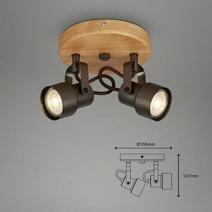 Briloner Tahun Regleta - 10 W, L x An x Al: 15,9 x 15,9 x 12,7 cm, Gris/Marrón, GU10, 2 ud. - Primer plano de una lámpara de techo con dos focos y base de madera, con dimensiones.\n