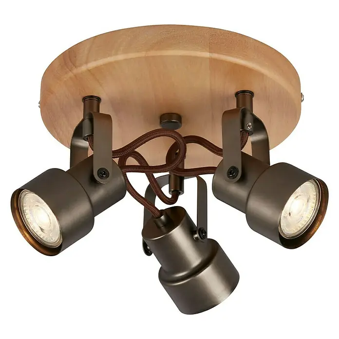 Briloner Tahun Regleta - 15 W, L x An x Al: 21 x 21 x 12,7 cm, Gris/Marrón, GU10, 3 ud. - Lámpara de techo de madera con tres focos de bronce ajustables para iluminación flexible de la habitación.