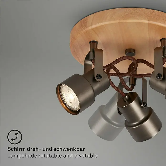 Briloner Tahun Regleta - 15 W, L x An x Al: 21 x 21 x 12,7 cm, Gris/Marrón, GU10, 3 ud. - Primer plano de una lámpara de techo moderna con base de madera y focos metálicos giratorios y orientables para iluminación flexible.