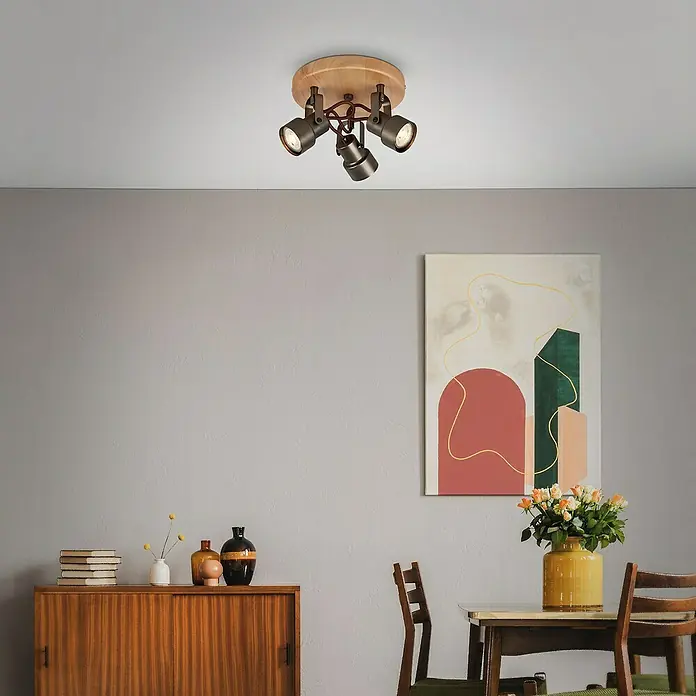 Briloner Tahun Regleta - 15 W, L x An x Al: 21 x 21 x 12,7 cm, Gris/Marrón, GU10, 3 ud. - Lámpara de techo con tres focos y base de madera para una iluminación elegante en el salón.