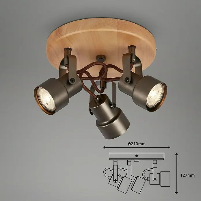 Briloner Tahun Regleta - 15 W, L x An x Al: 21 x 21 x 12,7 cm, Gris/Marrón, GU10, 3 ud. - Primer plano de una lámpara de techo con tres focos y una base redonda de madera.