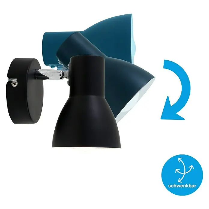 Briloner Cup Aplique de pared redondo - 25 W, Ø x Al: 8 x 13 cm, Negro, Negro, E14 - Se muestra una lámpara de pared negra ajustable en varias posiciones, destacando su flexibilidad y adaptabilidad.