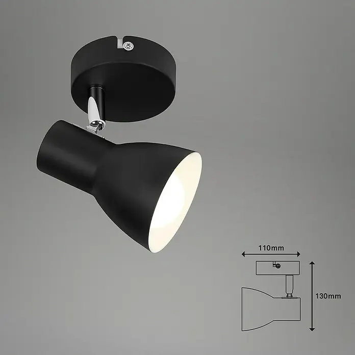 Briloner Cup Aplique de pared redondo - 25 W, Ø x Al: 8 x 13 cm, Negro, Negro, E14 - Lámpara de interior negra de montaje en techo con foco ajustable y detalles cromados, ideal para iluminación enfocada.