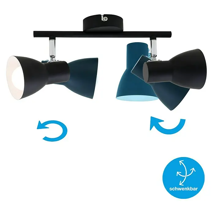 Briloner Cup Regleta - 50 W, L x An x Al: 8 x 27 x 15 cm, Negro, Negro, E14, 2 ud. - Lámpara de techo con cuatro focos giratorios en negro y azul, que ofrecen opciones de iluminación flexibles.