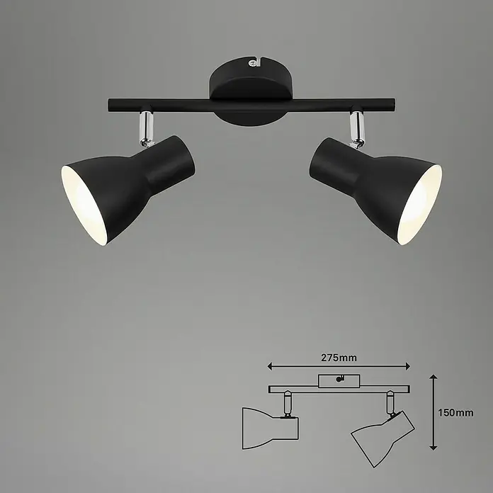 Briloner Cup Regleta - 50 W, L x An x Al: 8 x 27 x 15 cm, Negro, Negro, E14, 2 ud. - Lámpara de techo con dos focos. Esta elegante lámpara de techo cuenta con dos focos ajustables para una iluminación flexible.