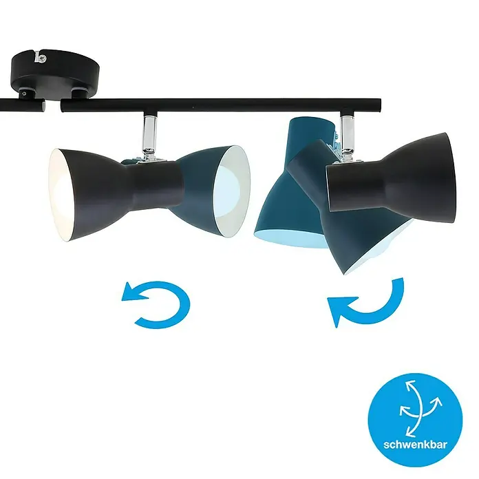 Briloner Cup Regleta - 100 W, L x An x Al: 8 x 60,5 x 15 cm, Negro, Negro, E14, 4 ud. - Primer plano de un foco de techo negro y ajustable con tres luces, que combina flexibilidad con un diseño elegante.