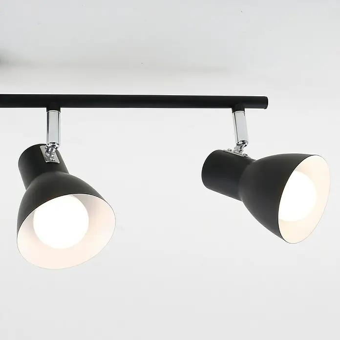 Briloner Cup Regleta - 100 W, L x An x Al: 8 x 60,5 x 15 cm, Negro, Negro, E14, 4 ud. - Toma de dos focos en una barra negra fijada a un techo blanco. Accesorio de iluminación moderno y minimalista.