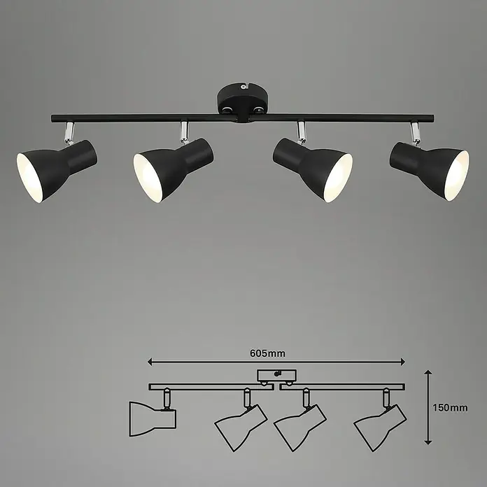 Briloner Cup Regleta - 100 W, L x An x Al: 8 x 60,5 x 15 cm, Negro, Negro, E14, 4 ud. - Imagen de un foco negro con cuatro focos y dimensiones de 605 mm de ancho y 150 mm de alto.
