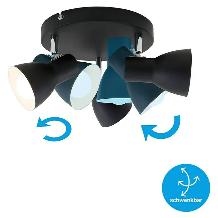 Briloner Cup Regleta - 75 W, L x An x Al: 21 x 21 x 14 cm, Negro, Negro, E14, 3 ud. - Primer plano de una moderna lámpara de techo giratoria en negro y azul con cinco focos, ideal para un diseño de iluminación flexible.