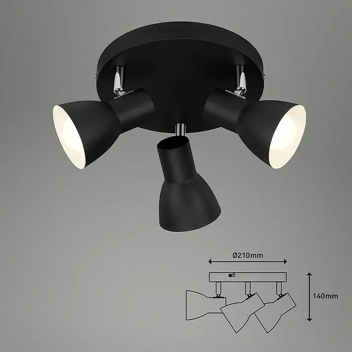 Briloner Cup Regleta - 75 W, L x An x Al: 21 x 21 x 14 cm, Negro, Negro, E14, 3 ud. - Vista del producto de la lámpara de techo negra con tres focos y una representación esquemática de las dimensiones.