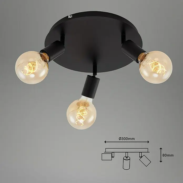 Briloner Pearl Regleta - 180 W, L x An x Al: 30 x 30 x 8 cm, Negro, Negro, E27, 3 ud. - Lámpara de techo con tres enchufes negros y bombillas decorativas que proporcionan luz cálida e iluminación elegante.