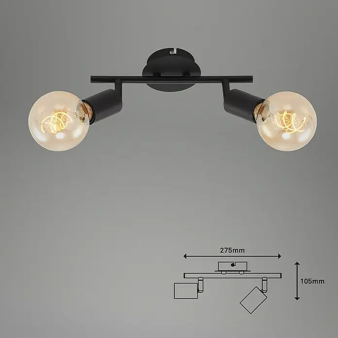 Briloner Pearl Regleta - 120 W, L x An x Al: 27,5 x 18 x 10,5 cm, Negro, Negro, E27, 2 ud. - Lámpara de techo negra moderna con dos bombillas Edison y detalles técnicos.