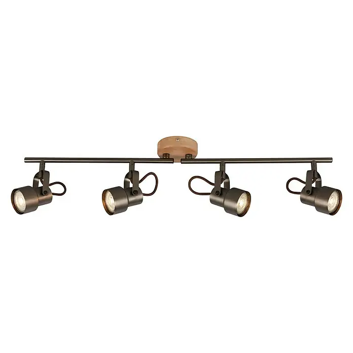 Briloner Tahun Regleta - 20 W, L x An x Al: 68,4 x 9 x 15,5 cm, Gris/Marrón, GU10, 4 ud. - Elegante lámpara de techo con cuatro focos de bronce y elementos de madera, ideal para iluminación ambiental.
